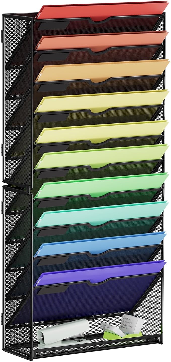 Marbrasse Wall File Holder 11-Tier Hanging Wall File Organizer, for Papers, Files Clipboard & Magazine Organizer, Wall Mount File Holder Great for Office Home (Black)