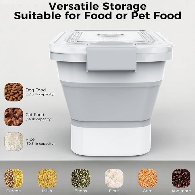 10-13Lbs Airtight Dog Food Storage Container,Collapsible Dog Food Container | Clear Pet Food Storage Container with Double Airtight Seal for Freshness,Cat Food Container One-handed Open,Save Space,Scoop
