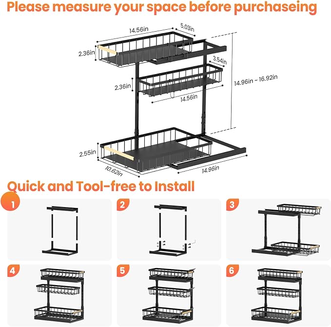 Under Sink Organizer and Storage for Bathroom and Kitchen - 2 Pack 3 Tier Under Cabinet Pull Out Shelf Organizers - Slide Out Drawer Organization for Home Cabinets Shelves and Drawers