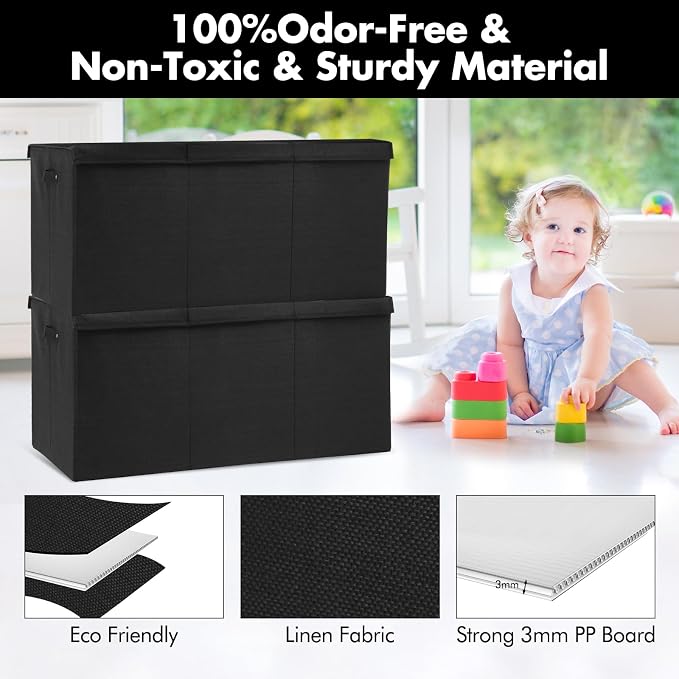 167L Large Toy Box Chest Storage with Lid, Collapsible Kids Toy Storage | Toy Chest with with Removable Divider for Kids, Boys, Girls, Nursery, Living Room, Bedroom, 35.5"x17" x17" (Linen Black)