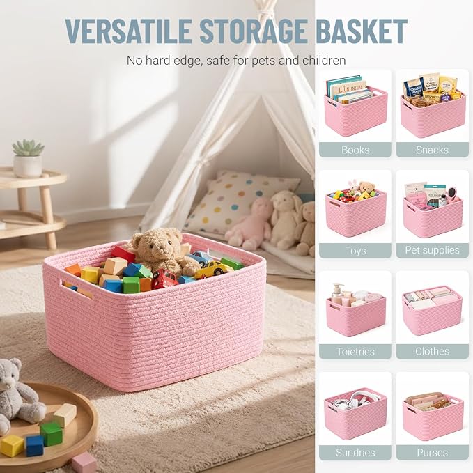 5 Pack Woven Storage Baskets for Shelves Organizing, Decorative Cotton Rope Organization Storage Bins for Toy, Book, Towel, Clothes, Closet, Nursery, Bathroom & Home Decor, Pink
