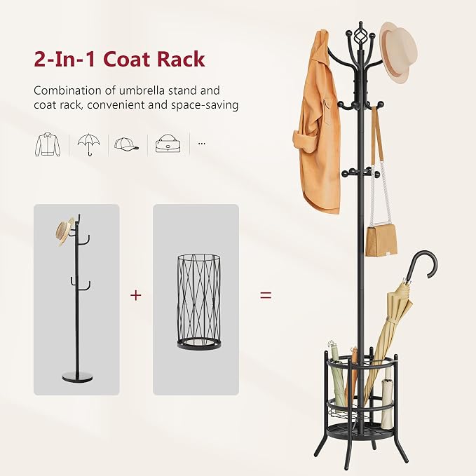 Tajsoon Coat Rack with Umbrella Holder, Coat Stand With 16 Hooks, Black | 2-In-1 Design, Coat Tree Freestanding, Durable & Stable, Space-Saving, For Living Room, Bedroom, Office