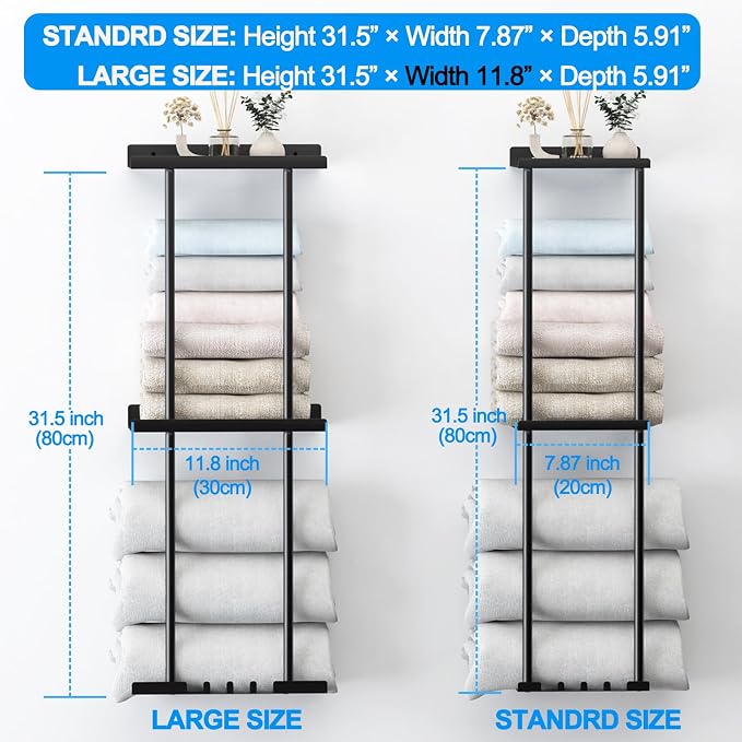 Liuoud Towel Rack for Bathroom, Wall Mounted Vertical Rolled Towel Storage Organizer Holder with Shelf, Holds Up 6 Large Bath Sheets, Gold Large Size