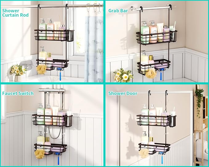 HapiRm Hanging Shower Caddy Organizer - No Drilling Shower Shelves with Hooks and Toothbrush Holder, Rustproof 304 Stainless Steel Bathroom Organizer - Bronze