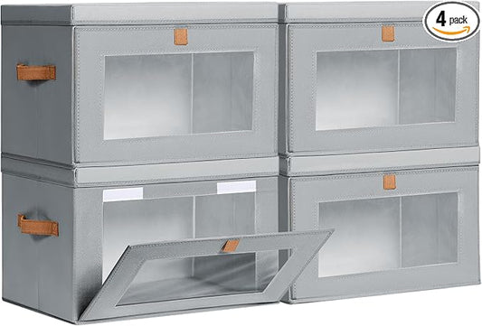 Homsorout Large Closet Storage Bins - Collapsible Storage Bins with Handles & Window, Fabric Cube Organizer with Lids, Decorative Boxes for Living Room, Closet, Dorm, 4 Pack, Grey