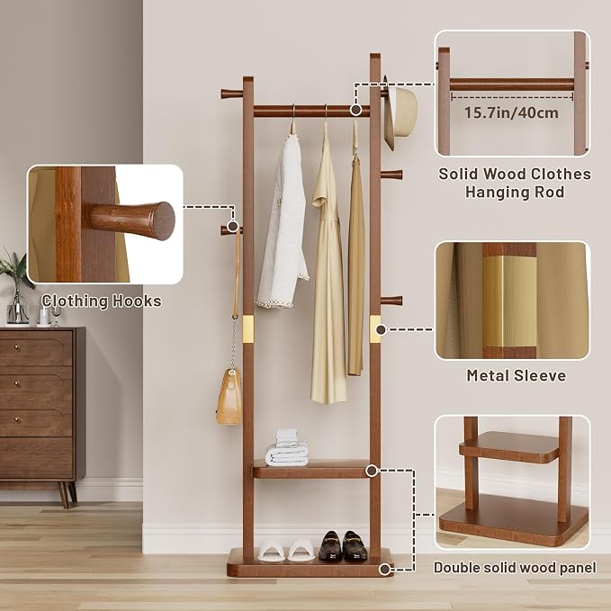 Solid Wood Coat Rack, Freestanding Clothing Rack with 2 Shelves Storage & 5 Hooks, Heavy Duty Clothes Rack Stand for Hall, Bedroom, Living Room