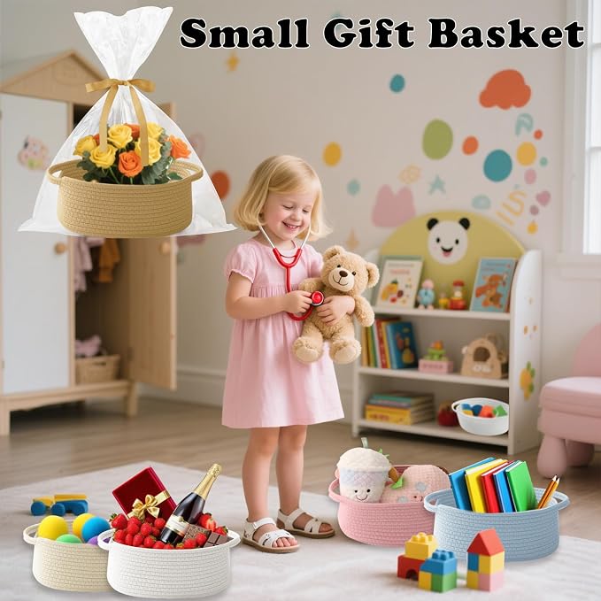 Woven Rope Basket - Baby Gift Basket with Bag & Ribbon | Cotton rope with handle, 12x8x5 in, gift bag and ribbon, for baby shower, birthday, toy storage, nursery, shelf decor
