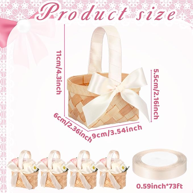 12 Pcs Mini Flower Girl Basket Mini Woven Baskets with Handles Wood Chip Flower Fruit Picnic Holder with Ribbon Chip Bucket for Wedding Party Gifts Baby Shower Birthday Party Decoration