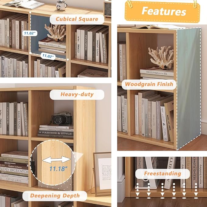 NELYE 8 Cube Organizer Bookcase Oak Open Shelf | Suitable for 11-inch Fabric Storage Bins, Simple Compartments Bookshelf, Holds 20 Lbs per Cube