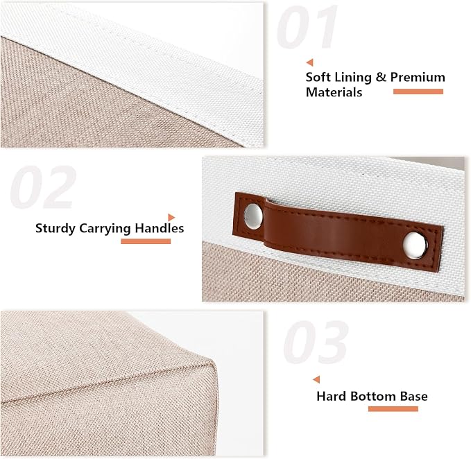 DULLEMELO Fabric Storage Bins, Lining Fabric Baskets For Gifts, Large Storage Baskets for Books Clothes Storage, Foldable Storage Basket for Office Home Shelves Closets Organizing(White&Khaki)