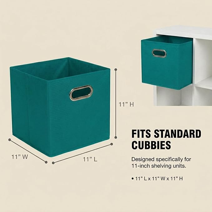 Household Essentials Fabric Storage Bins in Strong Poly‑Woven Fabric, Sturdy Chipboard Sides, Grommet Front Handle, Teal Green, Set of 6