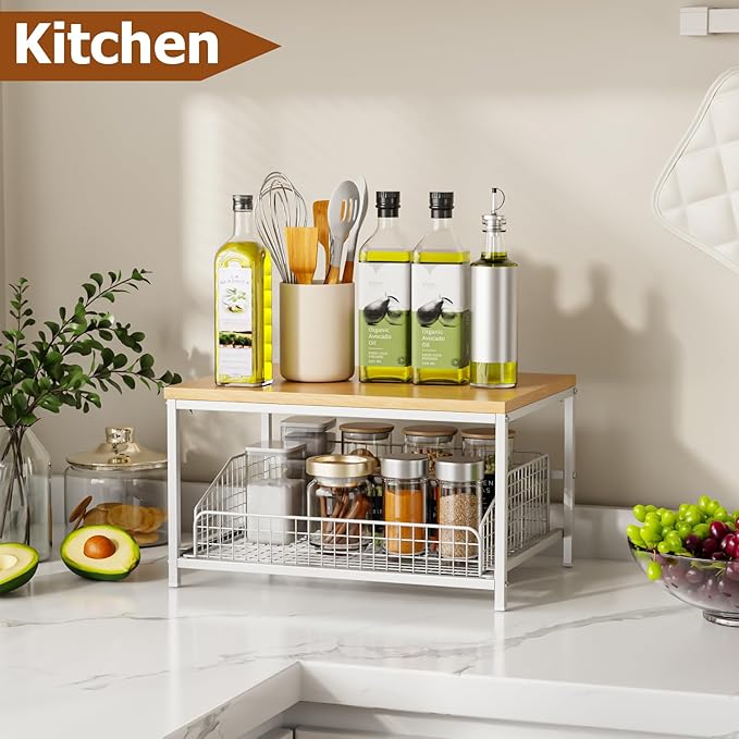 KLM Pull Out Spice Rack Organizer for Cabinet,Rustic Wood Top with Wire Basket Storage,Kitchen Countertop Organizer and Storage for Pantry, Counter top,Coffee Station Wood. (Natural)