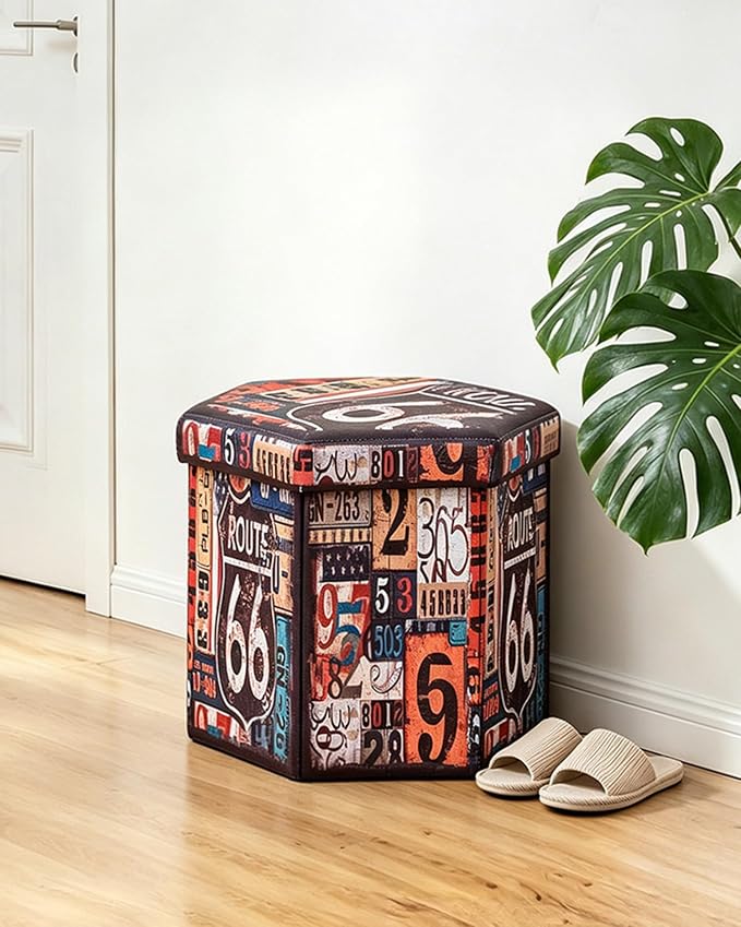 B FSOBEIIALEO Route 66 Storage Ottoman Hexagonal, Faux Leather Foot Rest Seat for Living Room, Storage Organizer 16.93"x15"x15"