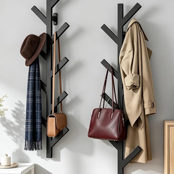Vlush 2Pack Wall Mounted Coat Rack - 9 Hooks, Modern Metal Design, for Hats, Coats, and Bags - Suitable for Entryways and Bedrooms - Black (37.8" Height)