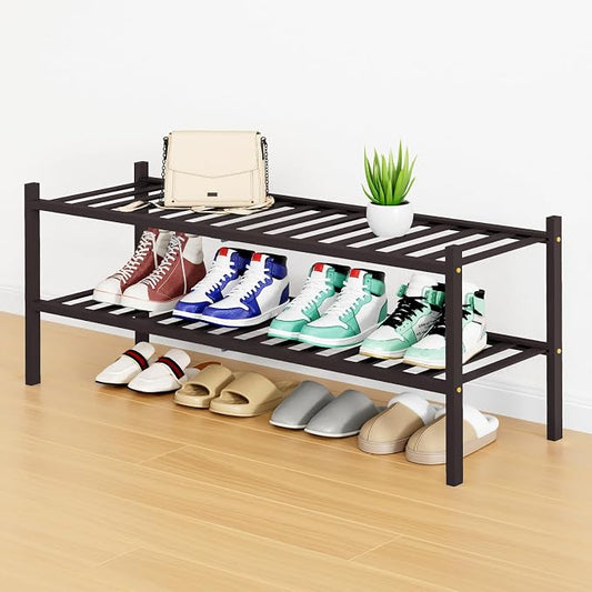Smiry Bamboo Shoe Rack, 12 Vertical Slats, 2 Tier - 33.7" Wide, Brown | Stackable Free Standing Wooden Shoe Organizer, Wood Shoe Storage Shelf for Closet, Entryway