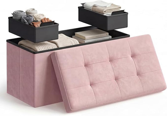 SONGMICS HOME Ottoman with Storage, Removable Lid, Folding Storage Chest, Easy Assembly, for Entryway, Bedroom, Living Room, 15.2 x 30.2 x 15.2 Inches, Velvet, Pink
