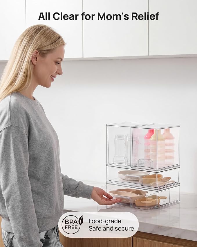 Vtopmart Clear Stackable Storage Drawers Set of 4, Plastic Organizer Bins for Makeup, Cosmetics, Beauty Supplies,Ideal for Vanity, Bathroom,Cabinet,Pantry Organization