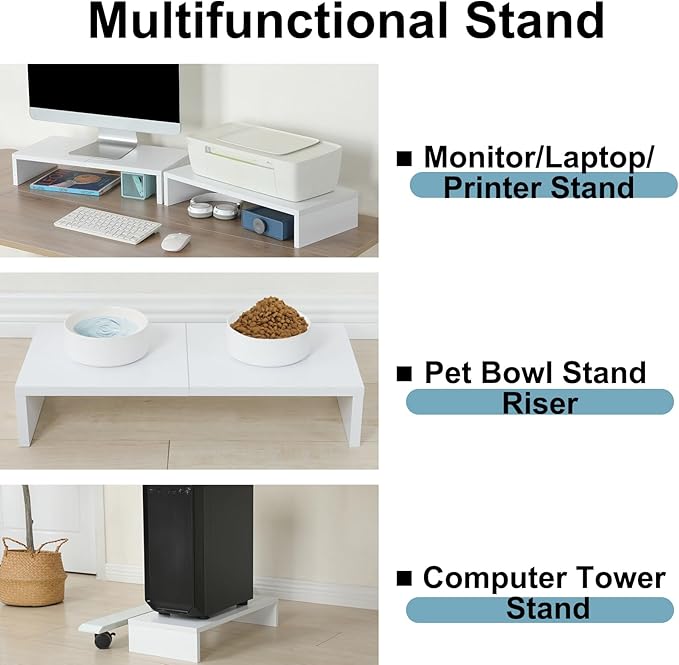 TEAMIX 2 Pack White Monitor Stand Riser 20 inch, Wooden Desktop Stand Shelf | For 2 Monitors, Laptop, Printer, TV, PC Tower, Full Keyboard Storage Underneath, Desk Organizer for Home Office Gaming Vanity