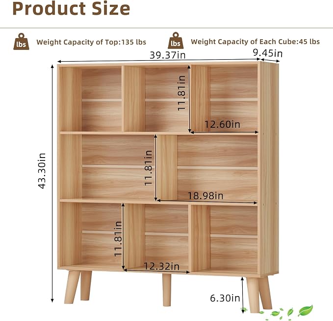 LEYAOYAO 8 Cube Bookshelf, Mid-Century Modern Book Shelf with Legs, Natural | 3 Tier Bookcase, Rustic Wood Bookshelves Freestanding Large Storage Organizer, Open Shelves for Bedroom, Living Room, Office