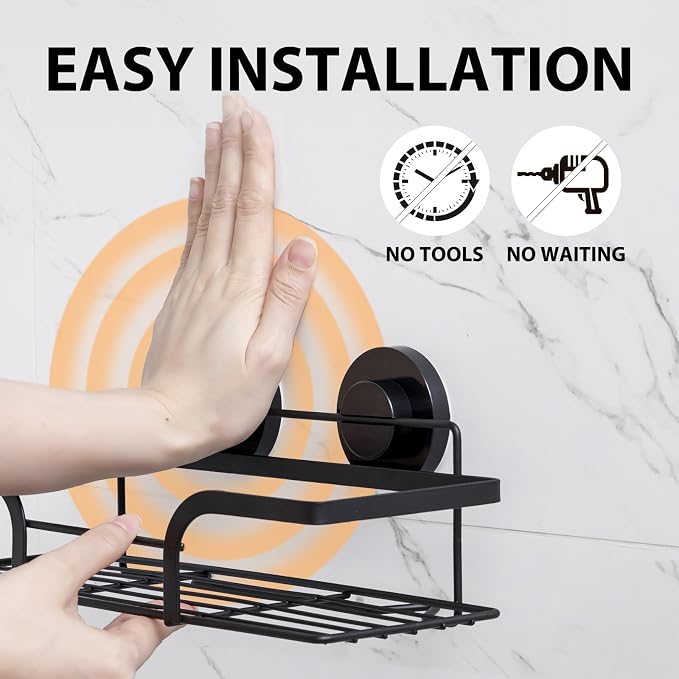 LEVERLOC Shower Caddy Suction Cup, 2 Pack Shower Shelves for Inside, Black | Metal Bathroom Storage, NO-Drilling Bathroom Organizer, Heavy Duty Shower Basket