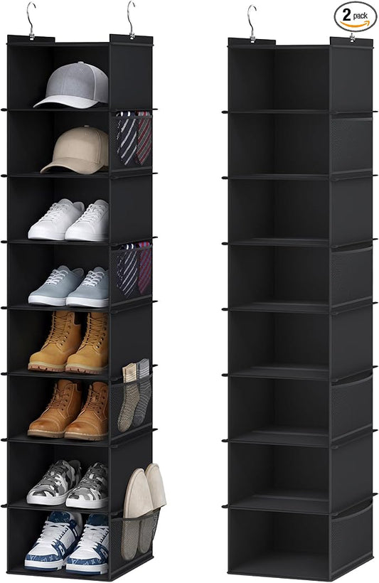 YOUDENOVA Upgraded Extra Wide Hanging Shoe Organizer for Closet, 8-Shelf Storage Organizer with 8 Side Pockets, Hanging Shoe Rack for Hats Clothes Jeans, 2 Packs, Black