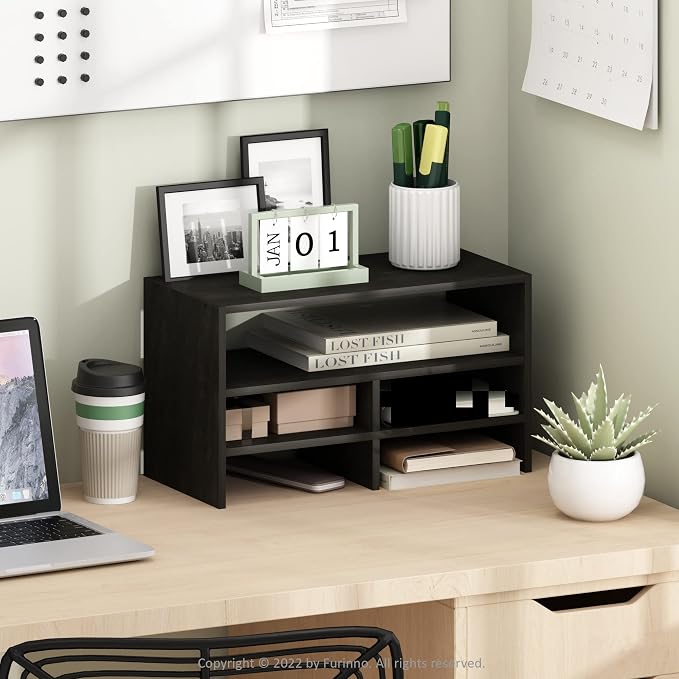 Furinno Hermite Desk Top Organizing Shelf Bookcase, Espresso | Desktop Office Organization Racks with Open Shelves, Desk Top Display Book Shelf, for Paper, Office Supplies, Magazine