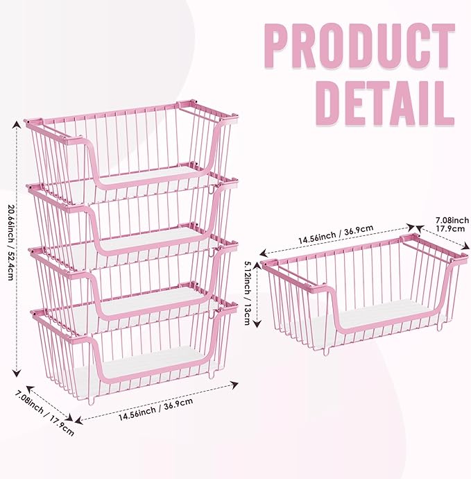 4 Pcs Stackable Wire Baskets for Pantry Organizers and Storage,pink, | Vegetable Fruit Basket for Countertop,Kitchen Storage Metal Baskets,Produce Potato Onion Storage Bin,