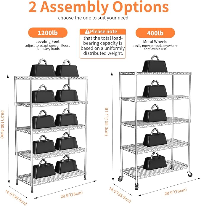 5 Tier Shelving Unit,Wire Shelving with Lockable Wheels,Chrome | 30"Wx14"Dx62"H,Metal Shelf Rack,Height Adjustable Wire Rack Storage Shelving Stand for Kitchen,PantryGarage,Office,Laundry