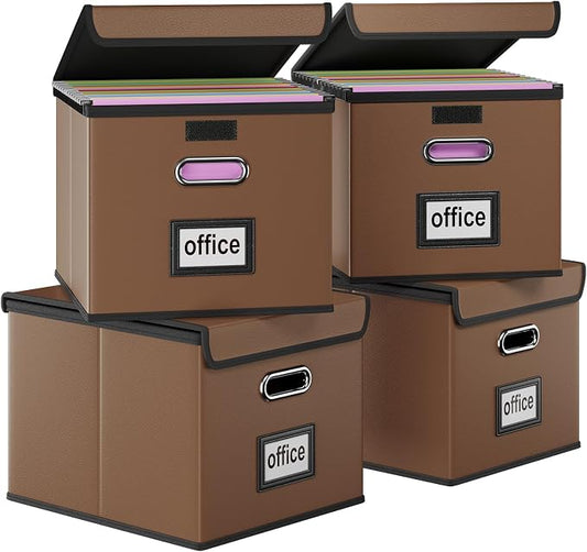 File Organizer Box with Lids, Collapsible File Folder Organizer | File Box with Plastic Slides for Document, Filing Bin for Letter Size Hanging File Folders (4 Pack, Brown, Leather)