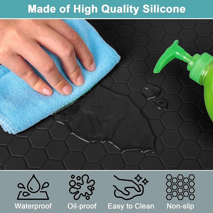 Undersink Waterproof Mat 31" x 19", Silicone Under Kitchen Sink Mat with Raised Edges, Under The Sink Organizer for Kitchen and Bathroom Leak Protection Black