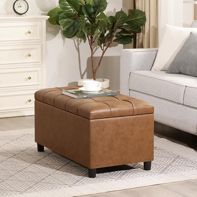Joveco Storage Ottoman Bench, 32 Inches Faux Leather Rectangle Tufted Foot Stool for End Foot of Bed, Bedroom, Living Room,Warm Golden Brown