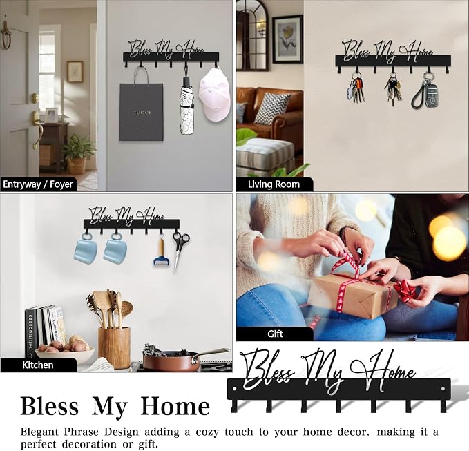 Exquisite Fashion Phrase Key Holder Wall Mount,Bless My Home Key Hooks for Wall Decoration,Black Metal Key Hanger with 7 Hooks for Entryway,Office,Living Room Decor