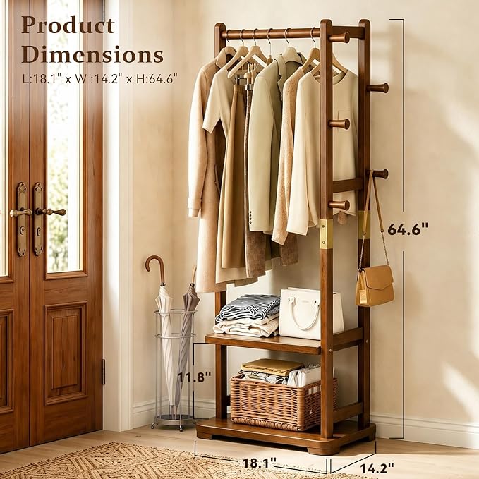Taitiy Coat Rack Solid Wood Hall Tree Storage 2 Shelves 5 Hooks | Hallway bedroom living room, durable wood construction, freestanding organizer design, coats hats wallets garments