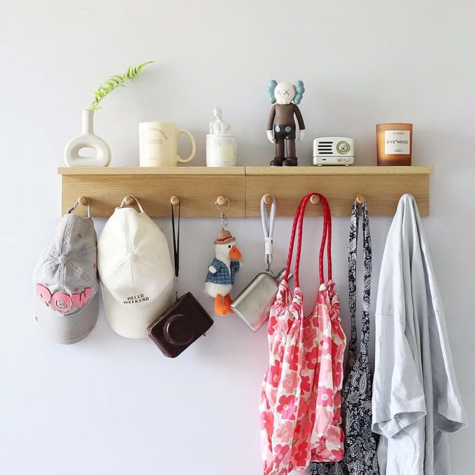 Entrance Coat Rack ，Coat Hooks, Wall-Mounted Wooden Hook Rack, Wall-Mounted Shelves(Oak Color Finish—A-2)