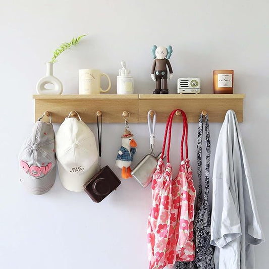 Entrance Coat Rack ，Coat Hooks, Wall-Mounted Wooden Hook Rack, Wall-Mounted Shelves(Oak Color Finish—A-2)