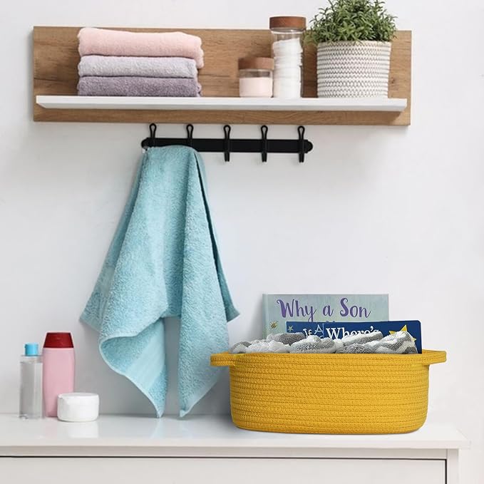 MEGASKET Yellow Woven Basket, 13" x 9" x 5" Baskets for Gifts Empty, Cute Cotton Rope Cat Dog Toy Bin Box, Small Woven Bin for Organizing, Yellow Room Decor, Nursery Cloth Diaper Storage Organizer