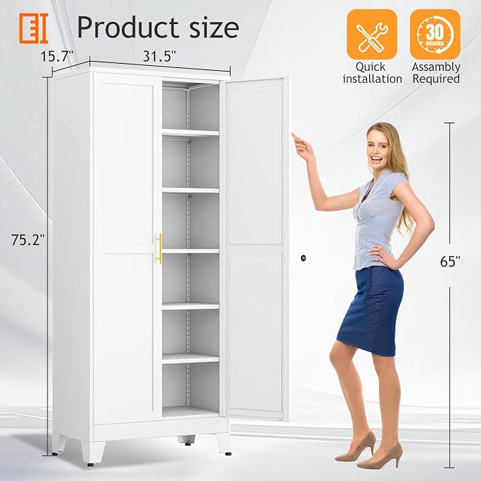 PAOFIN Kitchen Pantry Storage Cabinet with Doors and Adjustable Shelves, Metal ClosetMaid Food Pantry Cabinets, 75" Tall Freestanding Cupboard for Kitchen, Laundry or Utility Room, White