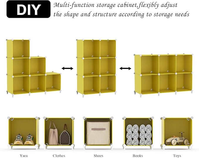AWTATOS Cube Storage Organizer, 6 Cube Closet Storage Shelves, Yellow | Stackable Storage Cubes Shelf Bookshelf, DIY Portable Closet Organizer, Plastic Clothes Shelving for Bedroom, Home