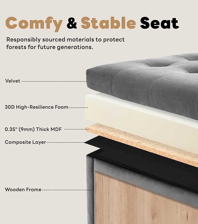 Tbfit Large Square Storage Ottoman Bench, Button Tufted Upholstered Coffee Table Ottoman with Wooden Legs, Oversized Storage Ottomans Toy Box Footrest for Living Room, Gray-Velvet