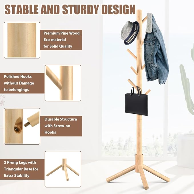 Haddockway 3 Adjustable Freestanding Wooden Coat Rack Stand 8 Hooks,Hallway