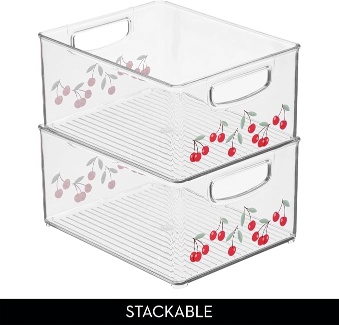 iDesign Bathroom Organizer Bin, Clear/Cherries | Decorative Print, Stackable, Plastic Storage Basket, For Makeup & Vanity Organization