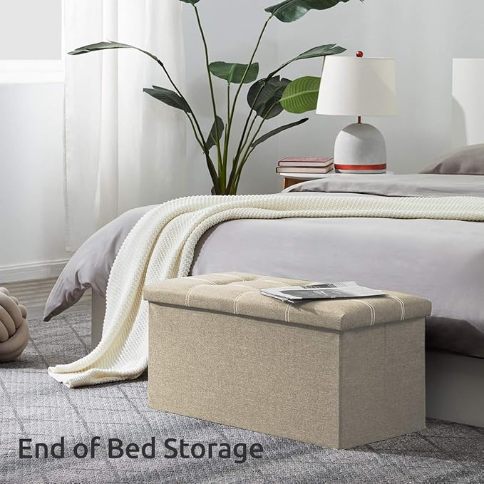 YOUDENOVA 30" Linen Ottoman with Storage, Folding Bench, Beige | Foldable linen ottoman with hidden storage, padded seat and sturdy frame for living room or bedroom.