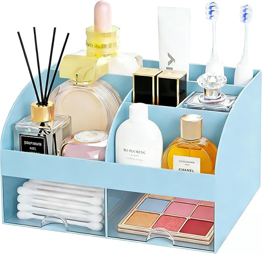 Makeup Organizer with 2 Drawers, Cosmetic Storage for Dresser Vanity and Bathroom Countertop,Make up organization and Skincare Storage with Beauty Brush Holder, Cosmetic Display Case (Blue)
