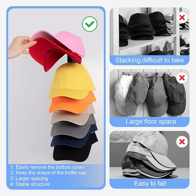 1 Pack Hat Organizer For Baseball Caps, Hat Rack for Wall Holds 9 Hats | Thick ABS Plastic, Adhesive Or Screw Mount, Extended Spaced Tiers Help Keep Cap Shape, For Doors, Closets, Bedrooms