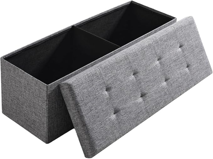 Ornavo Home 43 Inch Folding Extra Large Storage Bench, Linen, Gray | Upholstered Tufted Ottoman with Lid; Foot Rest Stool; Ideal for Bedroom, Living Room or Entryway