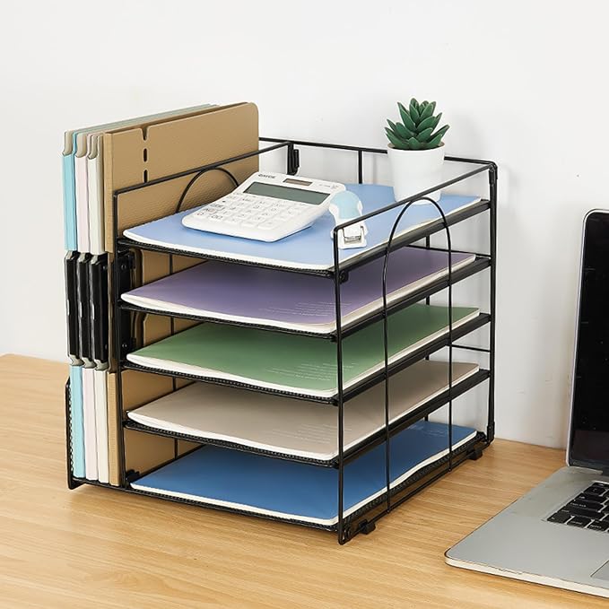 LEKETREE Desk Organizers and Accessories, 5-Tier Paper Letter Tray Organizer with File Holder, Desktop Organizer for Office Supplies (Black)