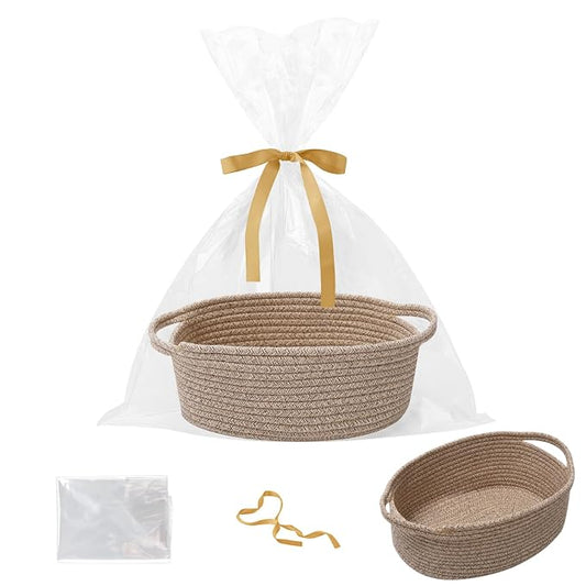Woven Rope Basket,Baby Gift Basket with Bag & Ribbon, Mixed Brown | Cotton rope with handle, 12x8x5 in, gift bag and ribbon, for baby shower, birthday, toy storage, nursery, shelf decor