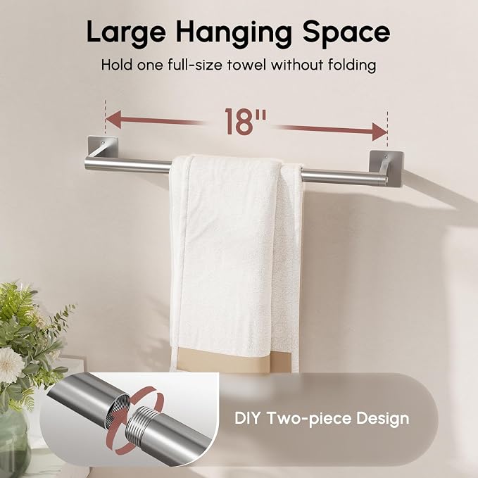 USHOWER Brushed Nickel Towel Bar, 18 Inch Towel Racks for Bathroom Wall Mounted, Heavy Duty Stainless Steel Towel Holder, Easy Installation (Total Length 20 Inch) (Pack of 2)