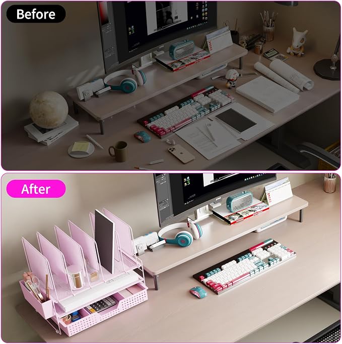 LEKETREE Pink Desk Organizer, Office Organization with Vertical File Holder, File Organizer with Drawer and Pen Holder, Desk Accessories and Workspace Organizers for Home Office (Pink)