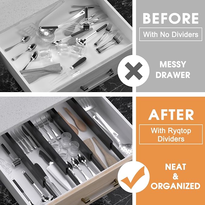 Bamboo Drawer Dividers, Adjustable Drawer Organizers, Fits 12.6–16" Drawers | 2.5" High, 4 Pack Expandable Drawer Separators for Kitchen, Nursery, Dressers & Office Storage, Black